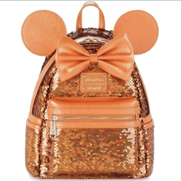 NEW Disney Peach Loungefly Lounge Fly Mini Backpack Minny Mickey Ears Bow Sequin - Picture 1 of 3